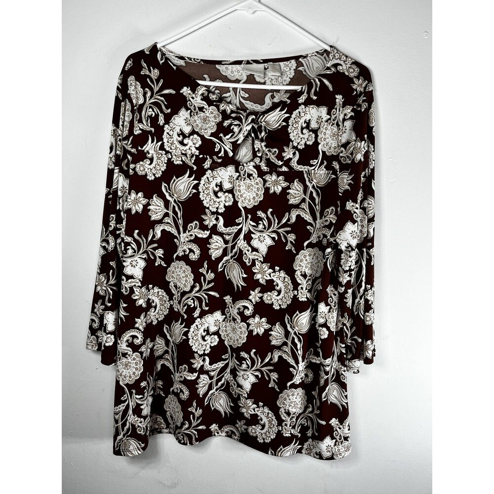 Chico's Blouse Womens 3 XL Brown Floral Round Neck 3/4 Sleeve Jersey Tunic Top